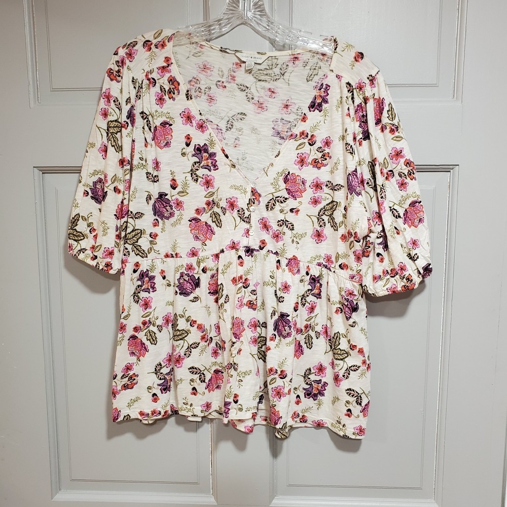 Lucky Brand Women's Floral Blouse Peplum Large 3/4 Sleeves Boho Babydoll Comfy